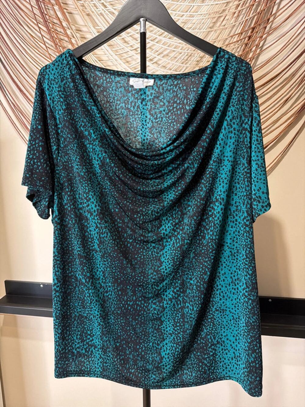 Green and black animal print cowl neck blouse 1X 3245